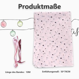 Kisstta Gift Paper Set - 50 x 70 cm Pink Wrapping Paper with Stars and Moon, Includes 10 m Fine Satin Ribbon, Perfect Gift Packaging for Birthdays, Christmas and Wedding Occasions