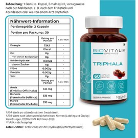 Biovitalia Organics Triphala Capsules 1000mg | Dietary Supplement for Men & Women | Good for Digestion, Healthy Gut & Colon Cleanser | Supports Immune System | Helps Purify Blood - 60 Vegan Capsules