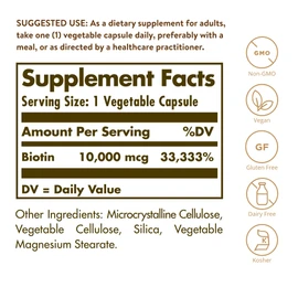 Solgar Biotin 10,000 mcg, 60 Vegetable Capsules - Energy, Metabolism, Promotes Healthy Skin, Nails & Hair - Super High Potency - Non-GMO, Vegan, Gluten Free, Dairy Free, Kosher - 60 Servings
