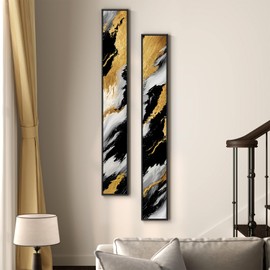 Framed Long Narrow Vertical Abstract Wall Art Set, 2 Piece Black White Gold Luxury Modern Canvas Prints Paintings Artwork for Walls, Pictures for Entryway Hallway Living Room Dining Bedroom Wall Decor