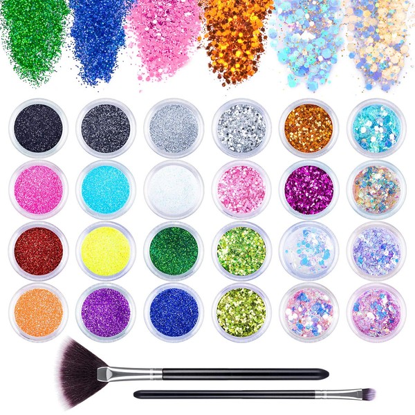 24Pcs Nail Glitter Powder, Nail Art Sequins Holographic Glitters, Cosmetic Glitters for Nail Art Decorations Makeup Body with Brushes