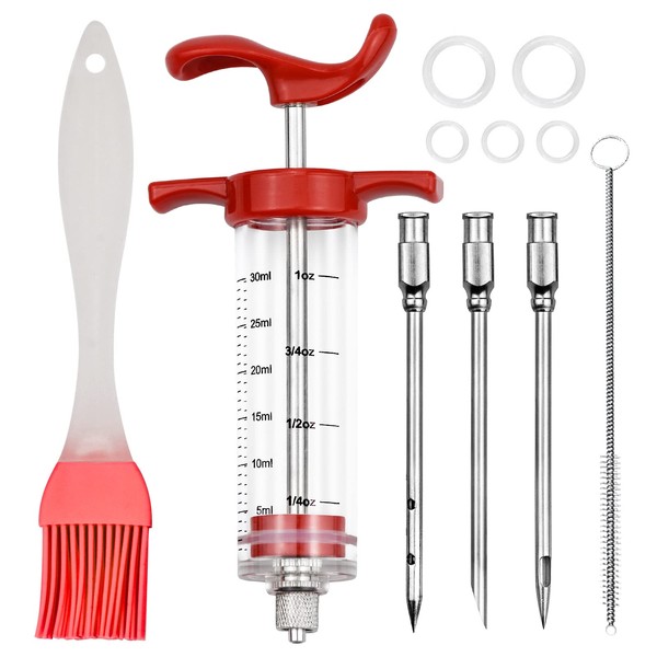Meat Injector Syringe Kit 1-oz with 3 Marinade Needles and 1pc Barbecue Brush for Turkey Beef Steak BBQ 30 Milliliter