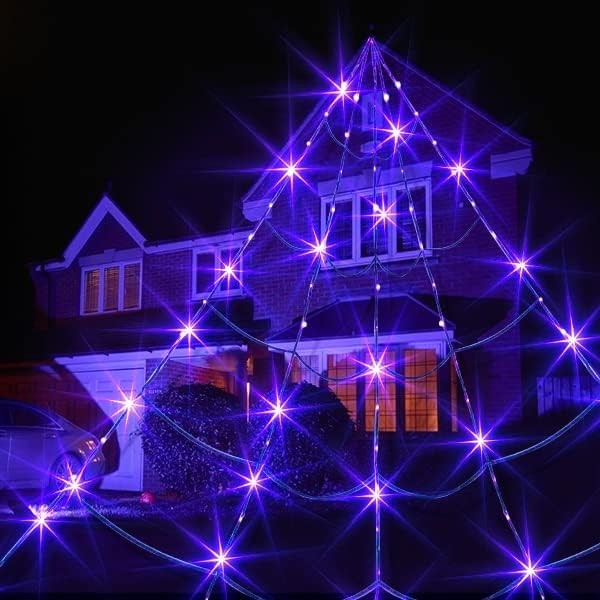 EAMBRITE Halloween Decorations Giant Spider Web with Purple Lights Light up Black Spiderweb Mains Powered Halloween Outdoor Lights Waterproof for Garden Yard Décor (5m/16ft)