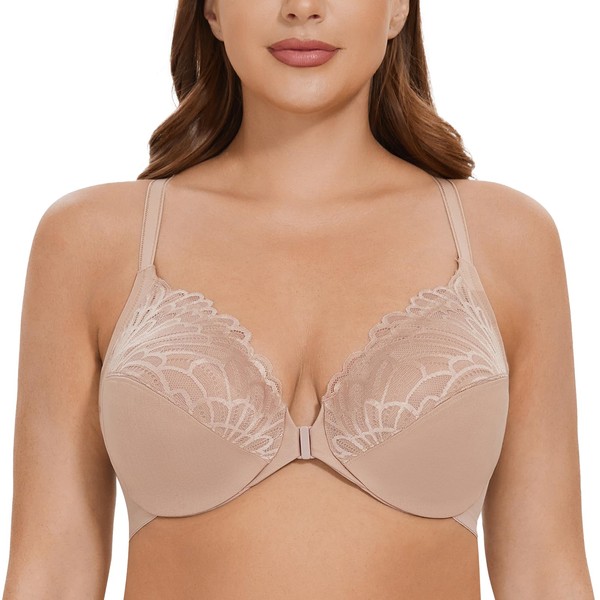 CASOLACE Women's Front Closure Lace Plus Size Underwired Unlined Racerback