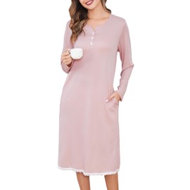 Sopesil Women's Nightdress Long Sleeve Nighties for women V Neck Soft Button Down Classic Ladies Nightgowns Sleepwear Ladies Night Dress Nightwear, Pink, XXL