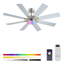 KNUN 48 Inch Ceiling Fans with Lights and Remote/APP Control, Low Profile Ceiling Fan, 8 Blades，RGB/LED Dimmable, Reversible DC Motor, Noiseless Nickel Ceiling Fans for Bedroom Indoor/Outdoor Use