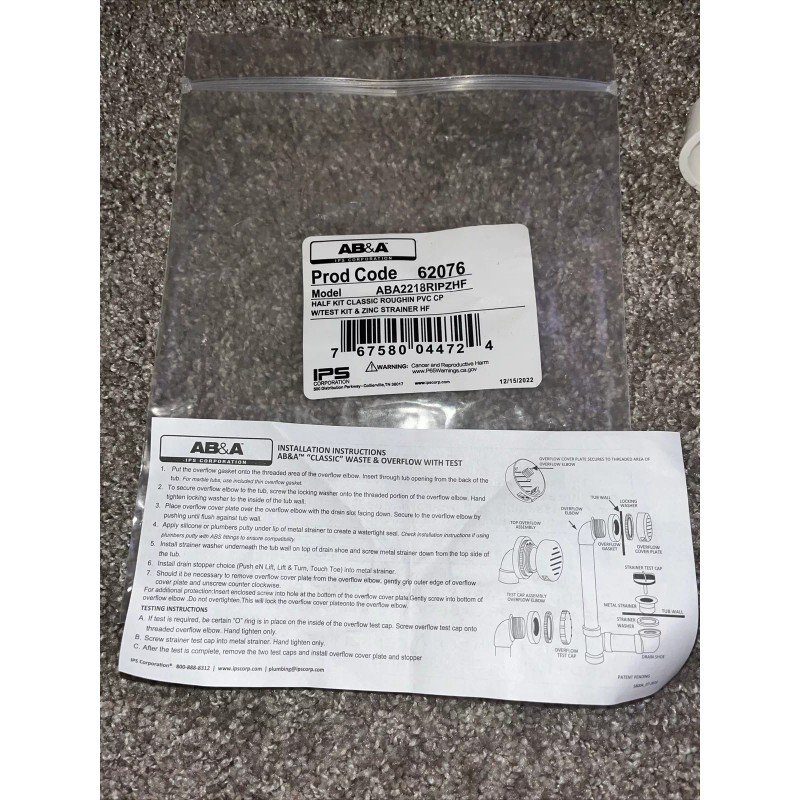 AB&A Waste and Overflow Rough-In Half Kit PVC ABA2218RIPZHF 62076
