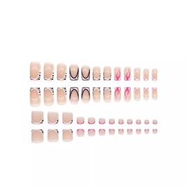 48 Pcs Press on Nails Medium Square & Press on Toenails Set, French Tip Fake Nails Glossy Acrylic False Nails Pink Toe Nails Full Cover Glue on Nails Artificial Toe Nails for Women