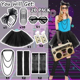 Ronilp 80s Fancy Dress for women,1980s Fancy Party Black Costume Accessories Set, Tutu Skirt Leg Warmers Necklace Bracelets Fishnet Gloves 80s Lace Bow Headband Tape Earrings Sunglasses