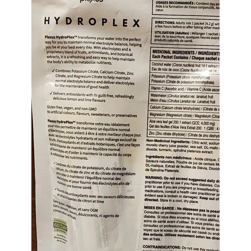 Plexus Hydroplex Hydrate Electrolyte Drink Mix Lemon Lime 20 Packets