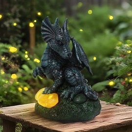 U WONDERFUL Dragon Statue Outdoor Decor, Porch Dragon Statue with Precious Stone Light - 7.8 inch Lawn Ornaments, Perfect Patio Decor & Yard Decorations Outdoor