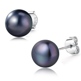 YAMI Pearl Earrings for Women, 925 Sterling Silver, Hypoallergenic Stud Earrings, Saltwater Cultured Black Pearl, 10-10.5 mm, Classic & Elegant Jewellery Gift