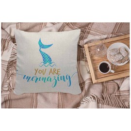 WONDERTIFY Mermaid Cushion Cover Letters You Are Mermazing Animal Fish Tail Pillowcases for Men Women, Pillow Cover Living Room Farmhouse Gradient Blue 45X45 Cm