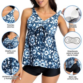 Lukovee Traje de Baño Bikini para Mujer, 2 Piezas Conjunto de Bikini Bañador de Cintura, Bikini Estampado Flor Bañador con Pantalones Cortos