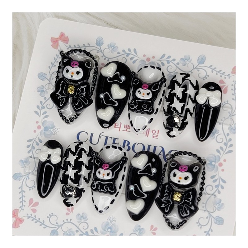 Black character handmade nail tips - Stiletto M / 블랙