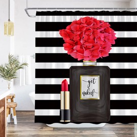 QWRSMYX Black Perfume Flower Fashion Girl Woman Shower Curtain Lady Lipstick Charming Bathroom Decoration Fabric Bathroom Set with Hook 70Wx70H Inch