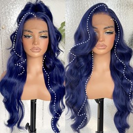BlackSwern 13x6 HD Glueless Lace Frontal Wigs Pre-Plucked, 200 Density Dark Blue Similar Human Hair Synthetic Long Body Wave Lace Front Wig Ready to Wear, 26inch #Dark Blue
