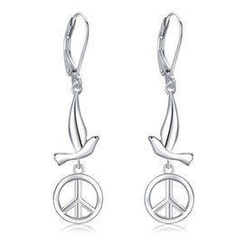 DAYLINLOVE Peace Sign Earrings 925 Sterling Silver Dove Dangle Earrings Pigeon Leverback Earrings Hippie Earrings Peace Sign Jewelry Gift For Women