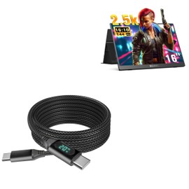 BoxWave Cable Compatible with WUAWE 2.5K Portable Gaming Monitor (16 in) - PowerDisplay PD Cable (6ft) - USB-C to USB-C (100W), LED Wattage Info Extra Long Braided Nylon - Jet Black