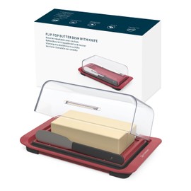 KITCHENDAO Airtight Flip-Top Butter Dish with Lid and Knife Spreader for Countertop and Refrigerator, Butter Keeper, Plastic Butter Holder Tray for 2 Sticks East Coast/ West Coast (Red)