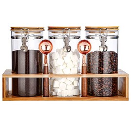 GURUDAR Airtight Storage Glass Jars with Bamboo Clamp Lids, Sealed Glass Coffee Bean Canisters with Display Rack & Spoons, Clear Glass Container for Tea, Sugar, Candy, Oats, 40 FLoz,Pack of 3