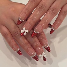 MERVF Almond Press on Nails Medium Fake Nails Red French Tip Stiletto Glue on Nails with 3D Bow Pearls Design Chrome Acrylic False Nails Press ons 24pcs Glossy