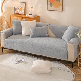 Super Soft Sofa Slipcover Corner 1/2/3/4 Seater Cover, Universal Non Slip L Shape Couch Cushion Cover Warm Sherpa Fabric Furniture Protector Sofa Cover for Living Room (Light Grey, 90*120cm)
