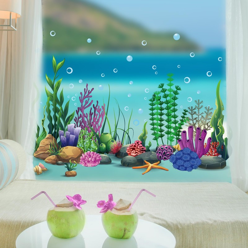 JarThenaAMCS Large Summer Window Clings Ocean Themed Seaweed Coral Window