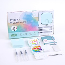 Watercolor Paint, Mini Travel 16-Color Solid Watercolor Kit with Tear-Off Pad, 3 Water Brush Pens & Mini Metal Brush, Portable Art Set, Macaron Colors for Adult Beginners, Journaling, and Sketching