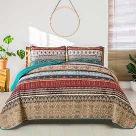 WONGS BEDDING Boho Full Quilt Set,3 Pieces Green Brown Bohemian Full Size Bedding Set Lightweight Microfiber Bed Decor Bedspread for All Season 78"x90"