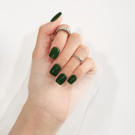 KQueenest Dark Green Press On Nails Short Square - Acrylic Press On Nails With Glue, Glossy Sheer Forest Green Short Fake Nails Press ons, Reusable Soft Gel Glue on Nails for Women Gift, 24 Pcs