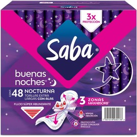 Saba Buenas Noches Con Alas; Toallas Femeninas Nocturnas Xl, Flujo Súper Abundante; 48 Toallas + Diarios Sensiti-v, Protectores Diarios Largos, 40 Piezas, color, 40 count, pack of/paquete de 1