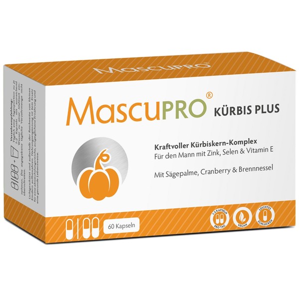 MascuPRO Pumpkin Seed Capsules - 20:1 Pumpkin Seed Extract - 60 Capsules - Saw Palmetto & Nettle - Vegan - Made in Germany