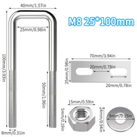 U Bolts M8 U Bolts Stainless Steel U U-Bolt with Nut Frame Plate Washer 25 mm Inner Width for Pipe Fixing 2 Pieces M8 25 x 100 mm