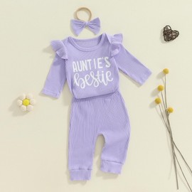 NZNDSHD Auntie Baby Clothes Girl Fall Winter Ribbed Knit Outfit Long Sleeve Romper Bodysuit Elastic Pants Headband Set (Purple Auntie, 3-6 Months)