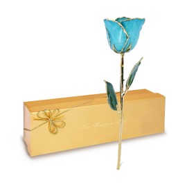 Forever Rose Hand-Dipped in 24K Gold, Aquamarine-Inspired March Birthstone with Sparkles, Real Rose in Luxury Gold Gift Box – Perfect Ready to Gift for March Birthday or Any Occasion
