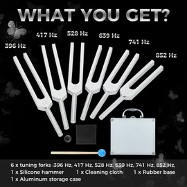 Tuning Fork Set of 6 (UT 396 Hz, RE 417 Hz, MI 528 Hz, SOL 639 HZ, FA 741 HZ, LA 852 HZ) for Sound, Musical Instrument, with Wooden Hammer and Soft Storage Bag