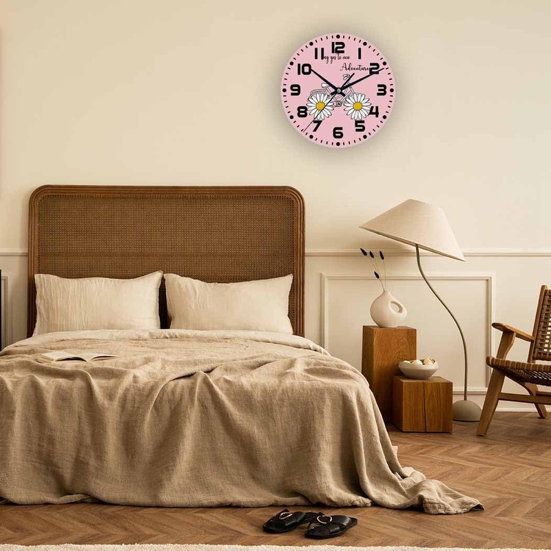 NOMEDOGYIM Bicycle Wall Clock Battery Operated Daisy Pink Background Wall