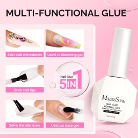 MelodySusie 3Free 5 in 1 Nail Glue Gel for False Nail Tips, NO Hema HPMA TPO, Super Sticky and Strong Adhesion, Rhinestone, Blooming Gel, Base Coat, UV Lamp Curing Needed,2 Pcs 15ml
