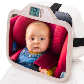 Theromirror - Baby Car Mirror with Temperature Display, Rear Facing Car Seat Mirror, Newborn Essentials - Wide Angle (Beige)