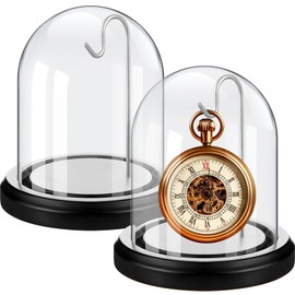 Beeveer 2 Pcs Pocket Watch Glass Display with Hooks Dome Cloche with Wood Base Decorative Glass Display Dome Showcase for Watch Plants Medals Photos Collectibles Dark MDF Base(3" X 4",Silver Hook)