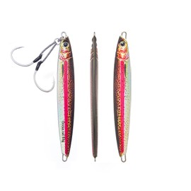 OCEAN CAT - 1 pieza para pesca de caída lenta, señuelos de metal de plomo para hundirse plano, anzuelo vertical de orilla con gancho de asistencia para pesca de agua salada (salmón rojo, 40 g)