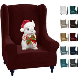 MAXIJIN Stretch Velvet Wingback Chair Slipcover 1-Piece Soft Stylish Plush Slipcovers for Wingback Chairs Thick Rich Velvet Wing Chair Cover with Elastic Bottom (Wing Chair, Wine Red)