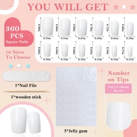 Bellelfin 360Pcs Press on Nails Short, Square White Fake Nails Full Cover Acrylic Nails Press on Glossy Square Short Press on Nail with 5Sheets Jelly Tabs for Women Girls Artificial Fingernails