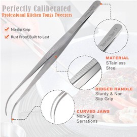 Professional Culinary Stainless Steel Precision Tongs With Serrated Tips - 12 Inch Curved Plating/Food Presentation Detailing Serving Tweezer - Chef's Kitchen Ultra Non-Slip Grip