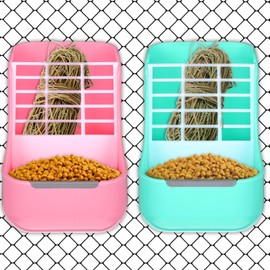 2 Pcs Rabbit Hay Feeder and Food Bin, 2 in 1 Rabbit Food Bowl and Hay Feeder Feeders Supplies for Chinchillas Guinea Pig Hamsters (Pink+Green)