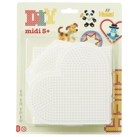 Hama Perlen 4580 Set di 4 Grandi Placche per Perline Midi con Diametro di 5 mm, Motivi Cerchio, Cuore, Quadrato ed Esagono in Bianco, Divertimento Creativo per Grandi e Piccini