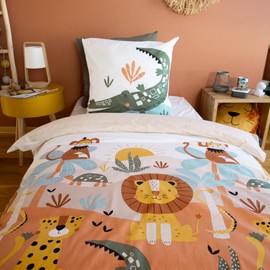 CÔTE DECO Children's Bed Linen 140 x 200 cm - Duvet Cover 140 x 200 cm + 1 Pillowcase 63 x 63 cm Savannah Green Blue Yellow - Bedding Set 100% Cotton