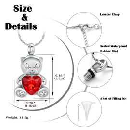 constantlife Teddy Bear Cremation Jewelry Ashes Heart Urn Necklace for Men Women Stainless Steel Memorial Ash Holder Funeral Keepsake Pendant (Red)