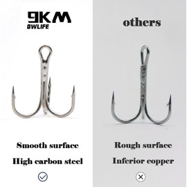 9KM DWLIFE Silver Treble Fishing Hooks 50PCS High Carbon Steel Strong Sharp Treble Fishing Hooks for Pike Perch Trout Saltwater Freshwater Fishing